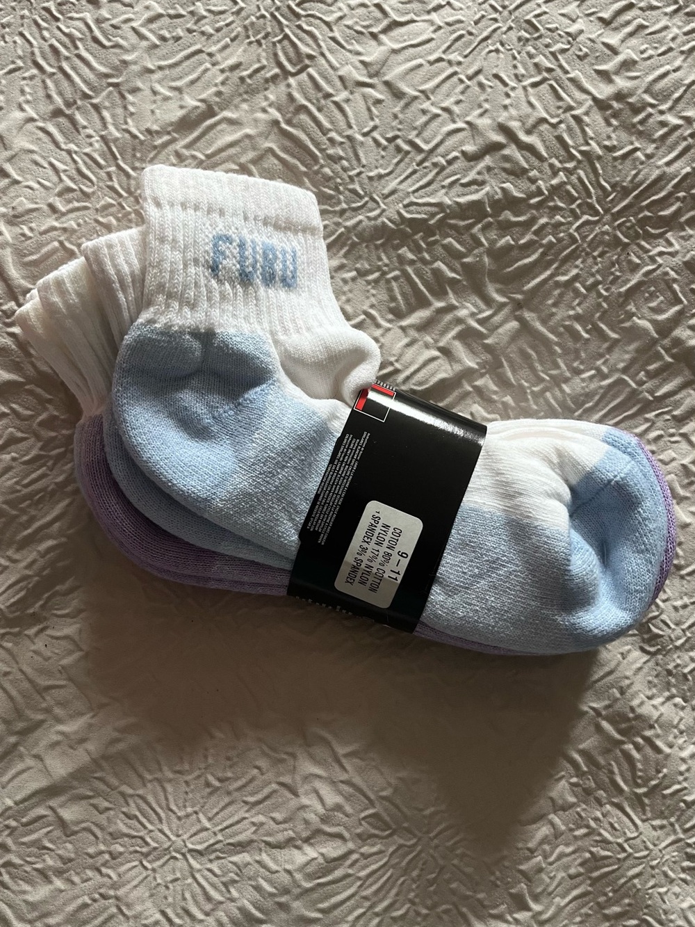Vintage FUBU Athletic Crew Socks - White with Light Blue and Lavender Accents
